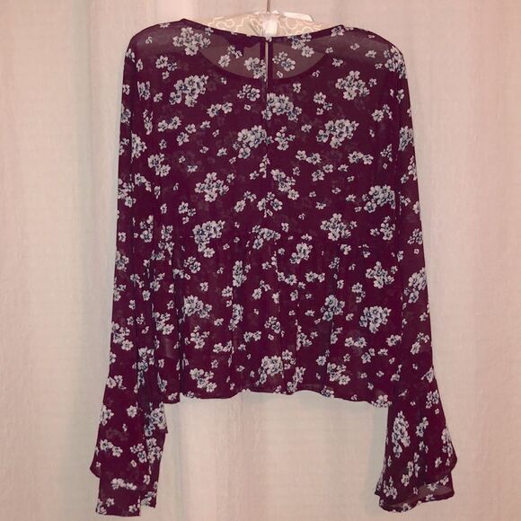 Aeropostale L Burgundy White Gray Blue Floral Baby Doll Long Bell Sleeve Blouse - Picture 6 of 16
